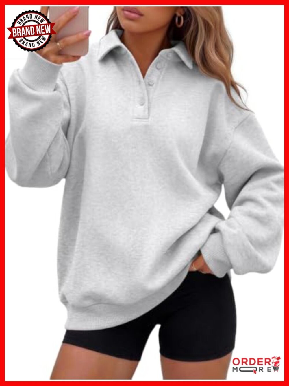 Oversized Fleece Sweatshirt Polo Collar Quarter Button Pullover